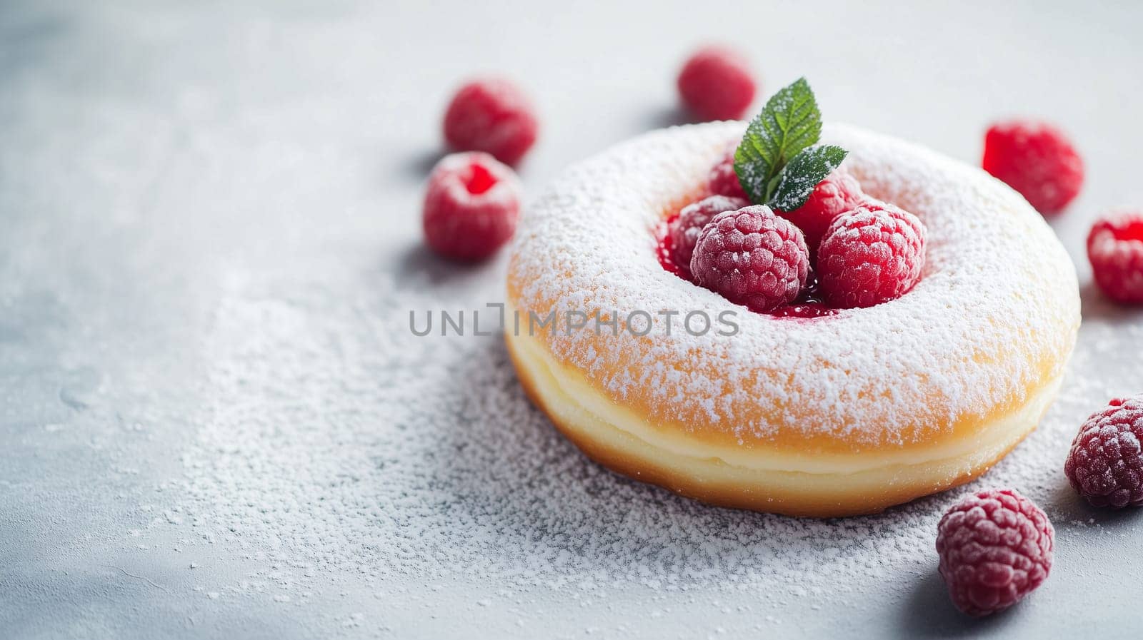 A delicious donut filled with fresh raspberry jam, dusted with powdered sugar and topped with mint leaves. Surrounding it are scattered raspberries that enhance its appealing presentation.