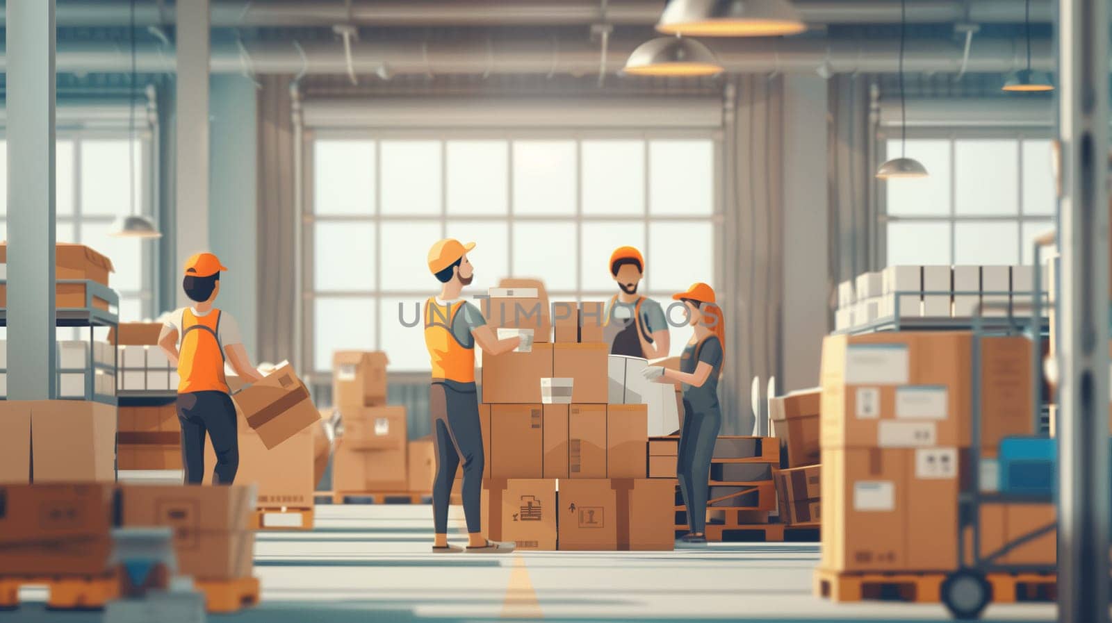 A team of employees efficiently packs various products in a small warehouse, focusing on teamwork and collaboration. Their diverse backgrounds contribute to a harmonious and productive environment.