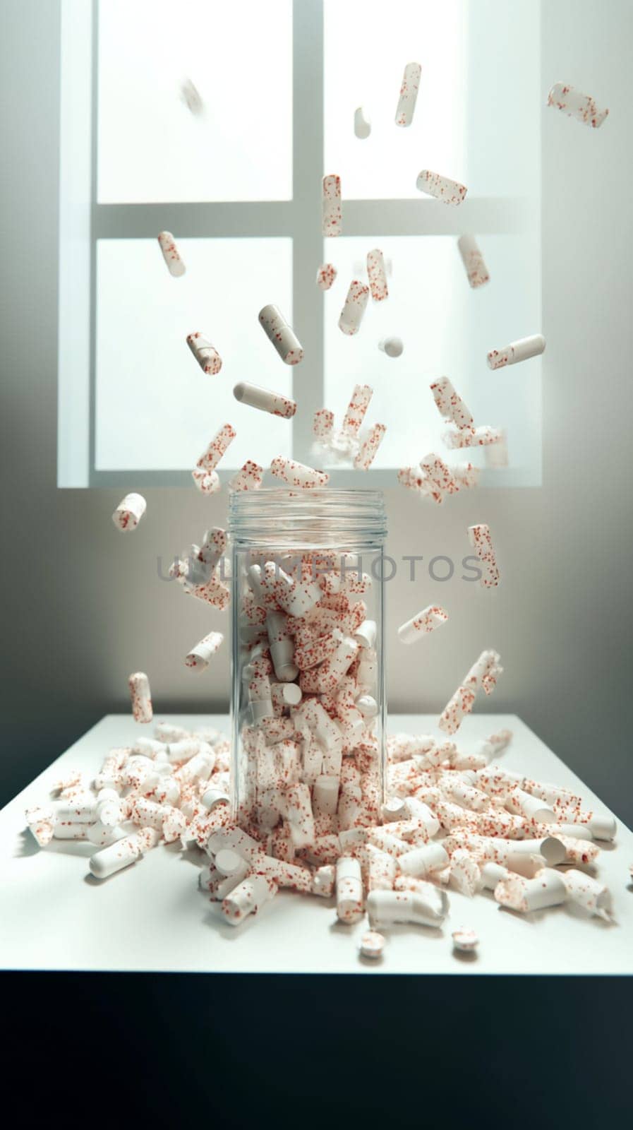 Hundreds of white and red pills are spilling out of a clear container and overflowing onto a white table in a well lit room