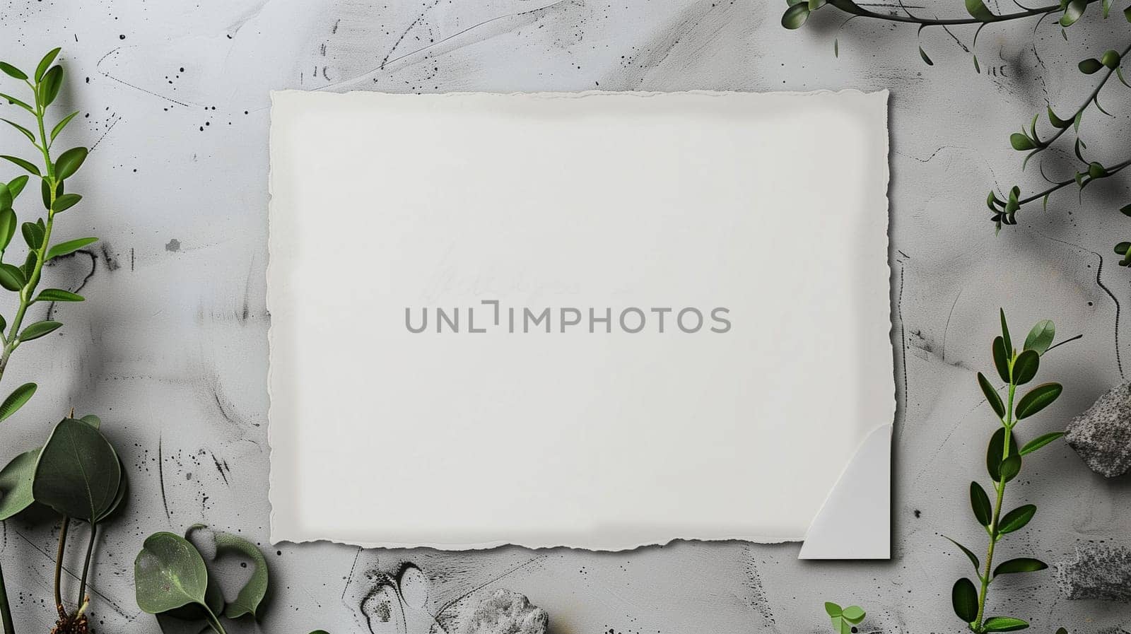 A sheet of blank craft paper lies on a gray textured surface, framed by various types of greenery such as leaves and small plants, creating a natural and earthy aesthetic. The arrangement highlights the contrast between the paper and the organic elements surrounding it, suggesting opportunities for creativity and design.