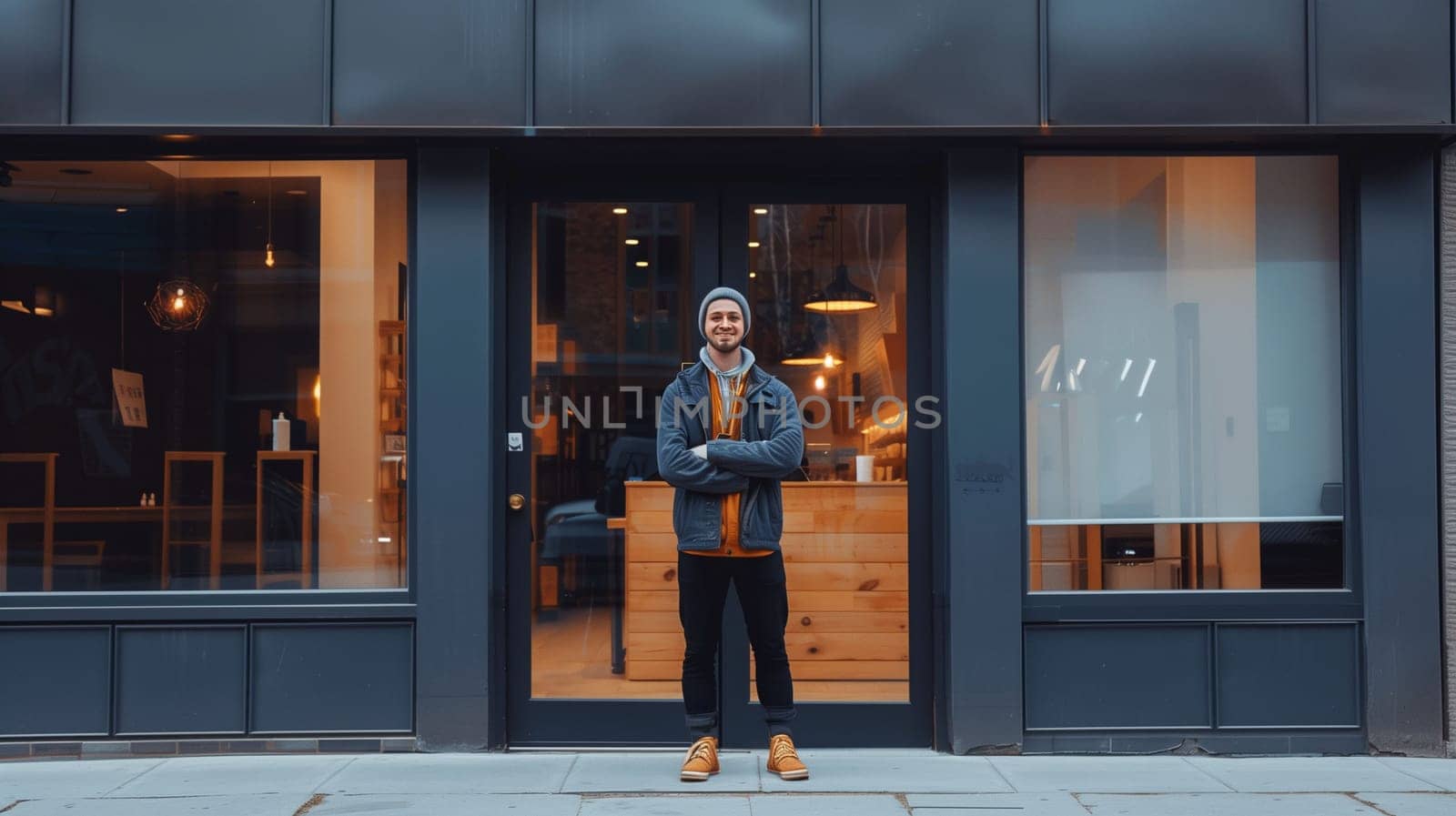 A small business owner stands confidently in front of their newly opened shop during the evening. The warm lighting inside contrasts with the external dusk ambiance, creating an inviting atmosphere for potential customers.