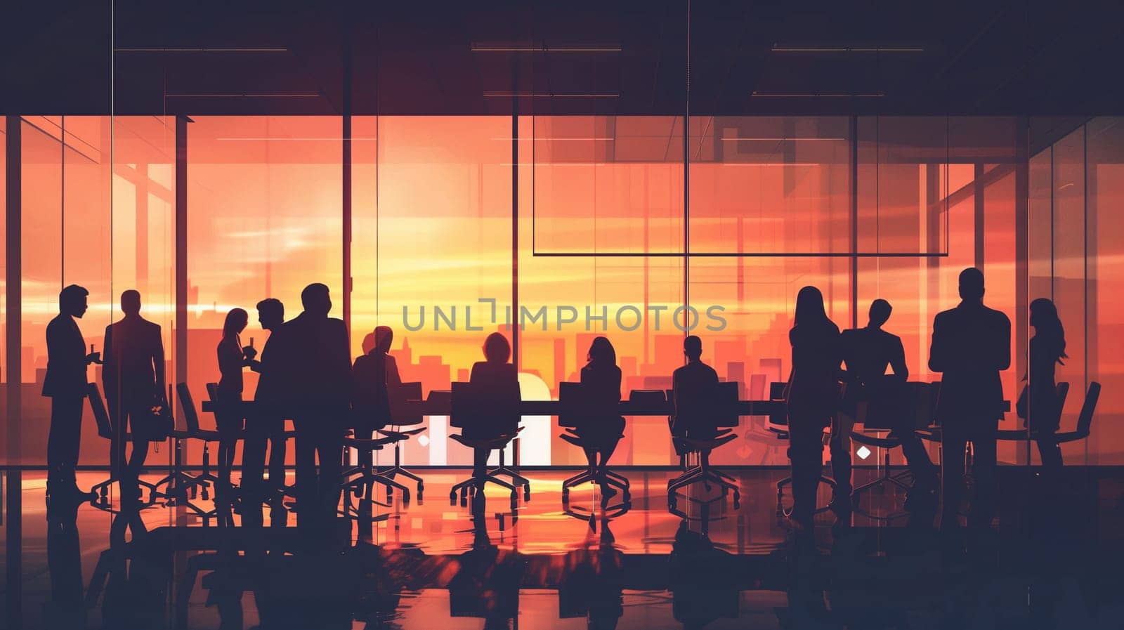 A group of business professionals collaborates in a boardroom, delivering a presentation while a stunning sunset fills the background, casting silhouettes against the glass walls.