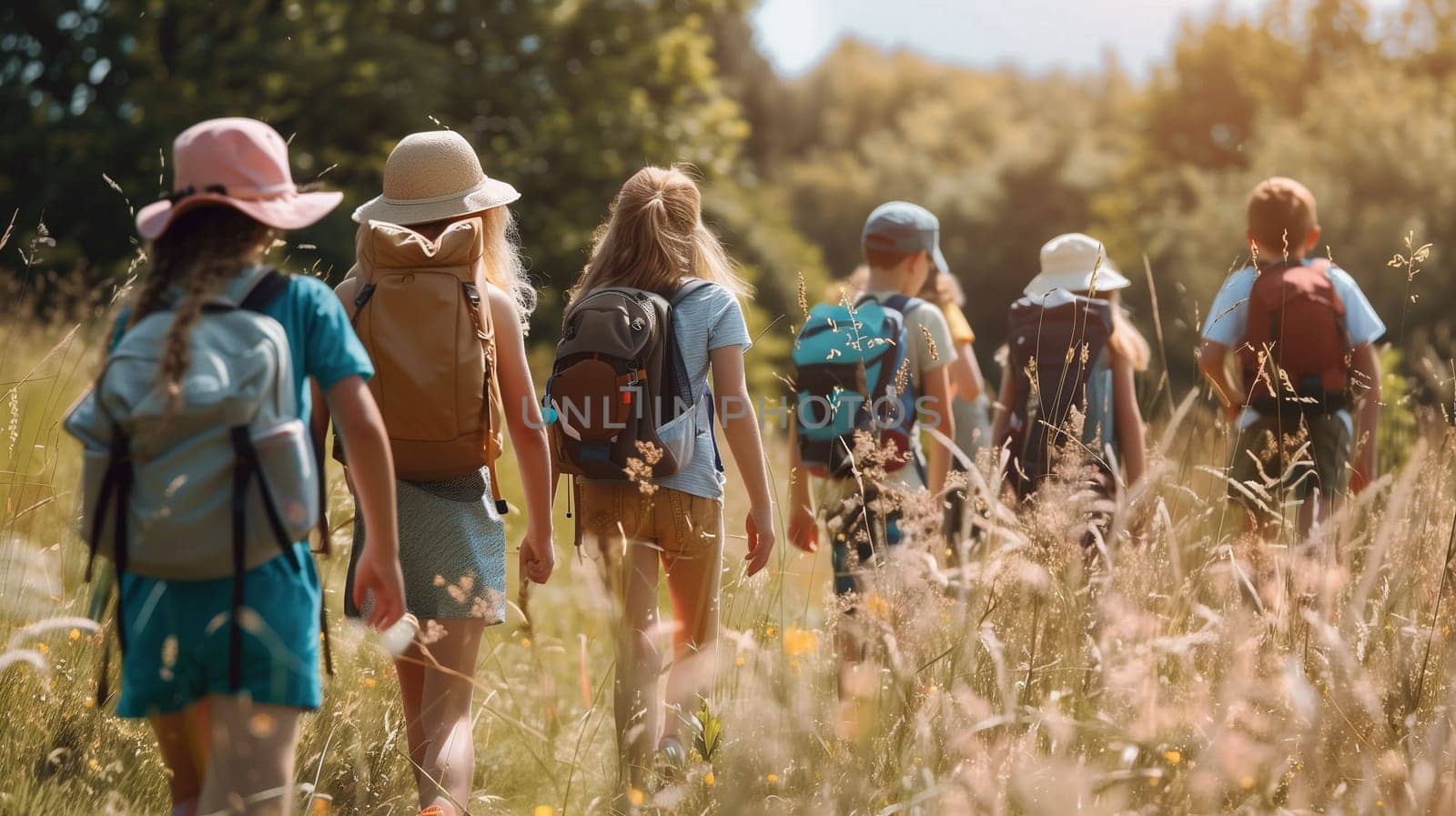 A group of children, dressed in casual outdoor clothing, are trekking through a vibrant green field. They carry backpacks and wear hats to shield themselves from the sun. The atmosphere is cheerful as they explore nature together under a clear blue sky.