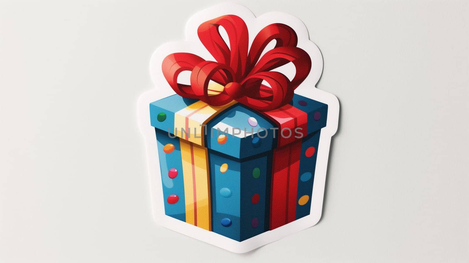 A vibrant gift box decorated with colorful polka dots and a large red ribbon is positioned against a neutral background. The design features bold colors that evoke a sense of celebration and joy, perfect for any special occasion.