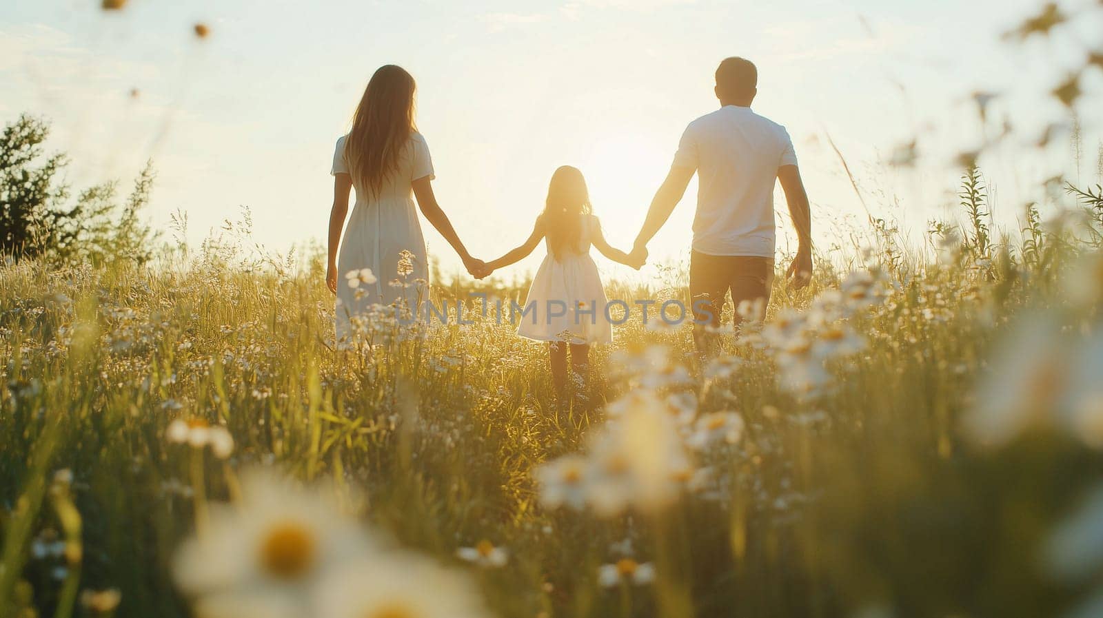 A family of three strolls together through a vibrant field of wildflowers, enjoying a warm sunset together.