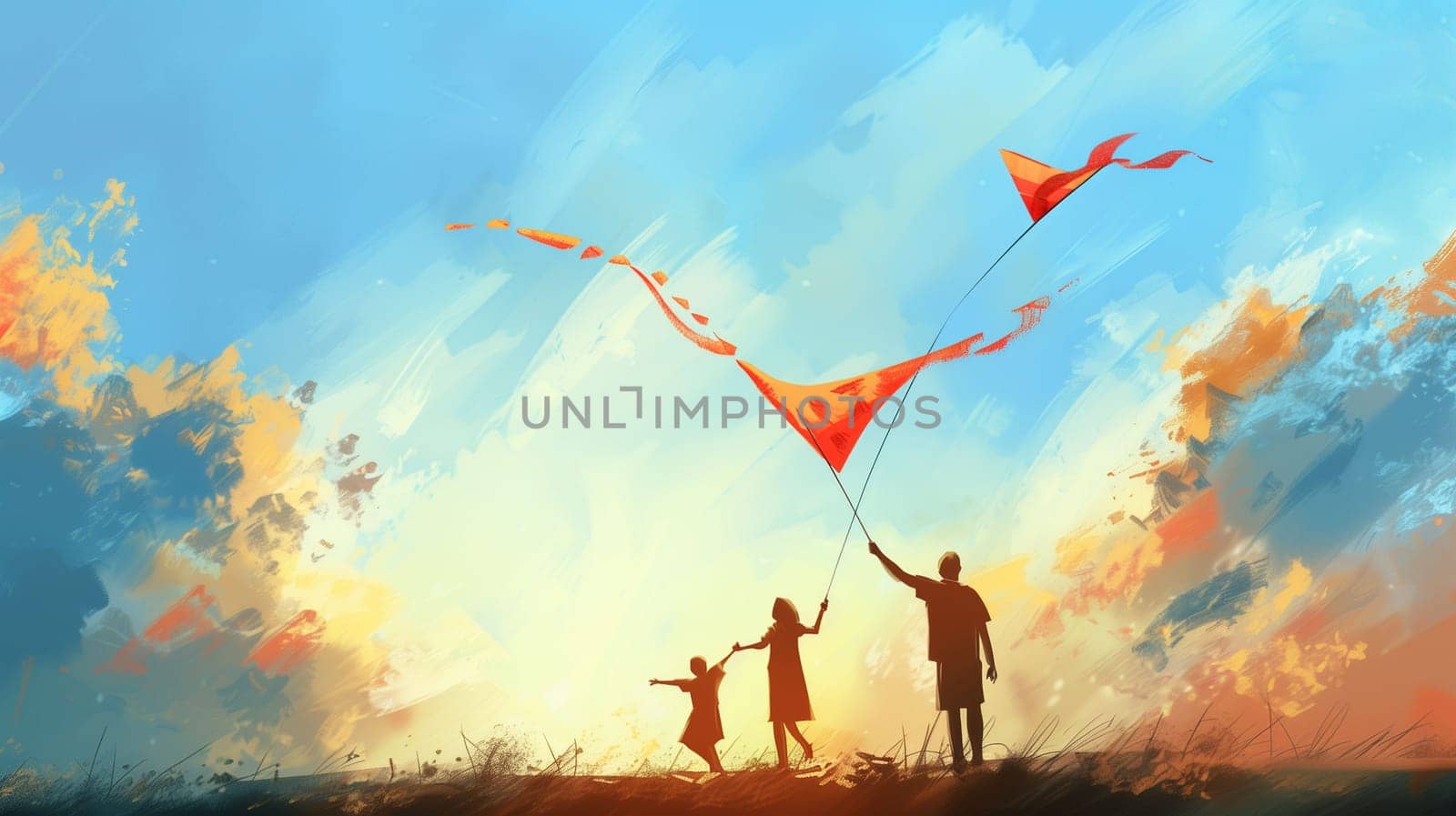 A family stands together in a vibrant landscape, joyfully flying colorful kites against a stunning sunset backdrop. The warm colors of the sky contrast with their silhouettes, creating a serene and joyful atmosphere.