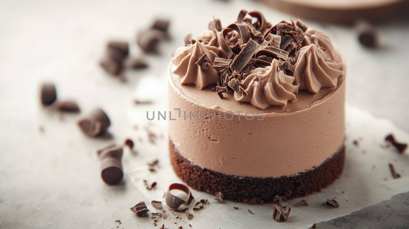 A beautifully crafted chocolate mousse cake sits elegantly on a marble surface, adorned with rich chocolate shavings and accompanied by scattered chocolate crumbs for an enticing presentation.