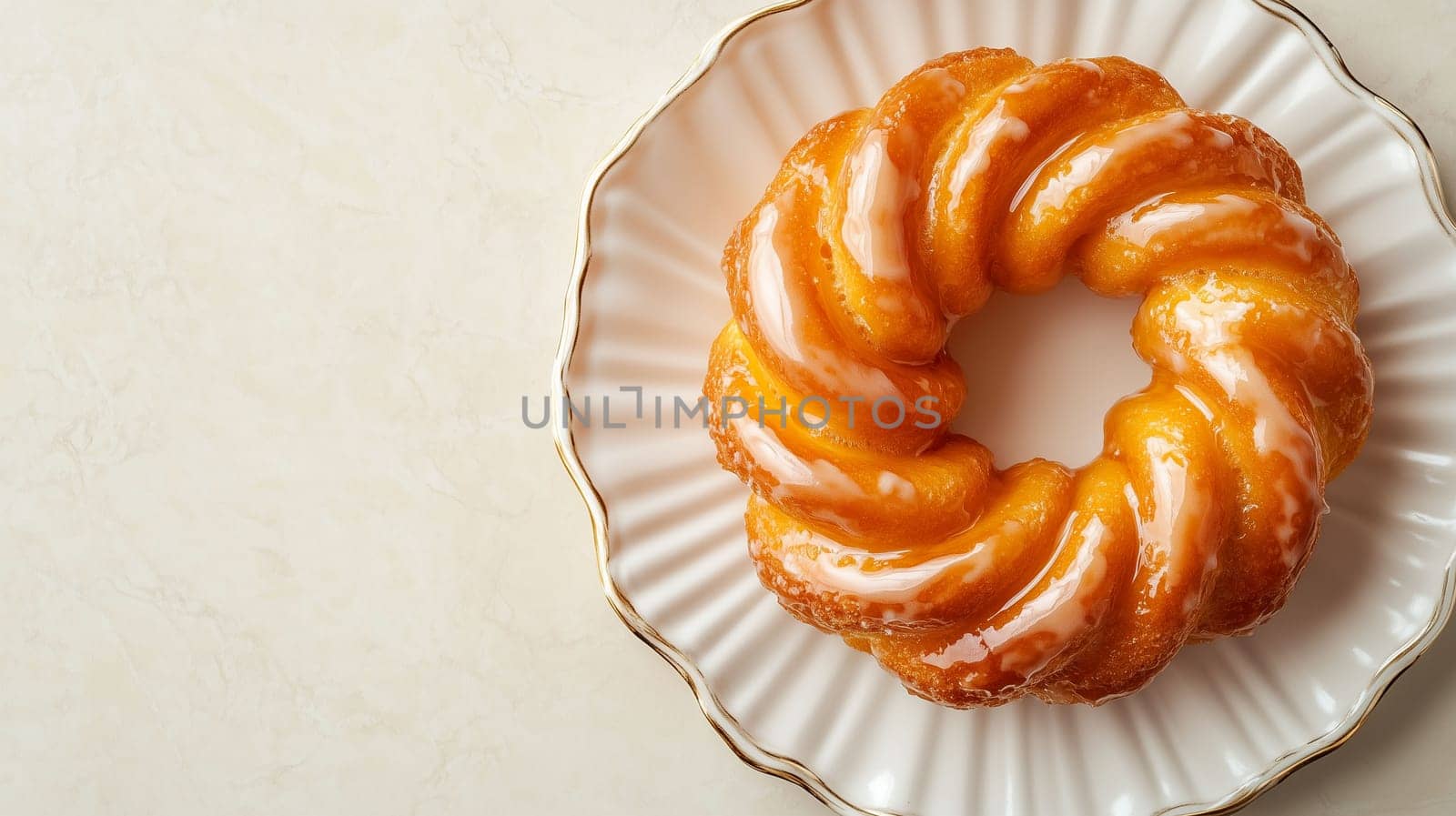 A beautifully glazed bundt cake with a shiny orange icing sits on a decorative plate in a bright kitchen. The treat is inviting and perfect for dessert or snack time.