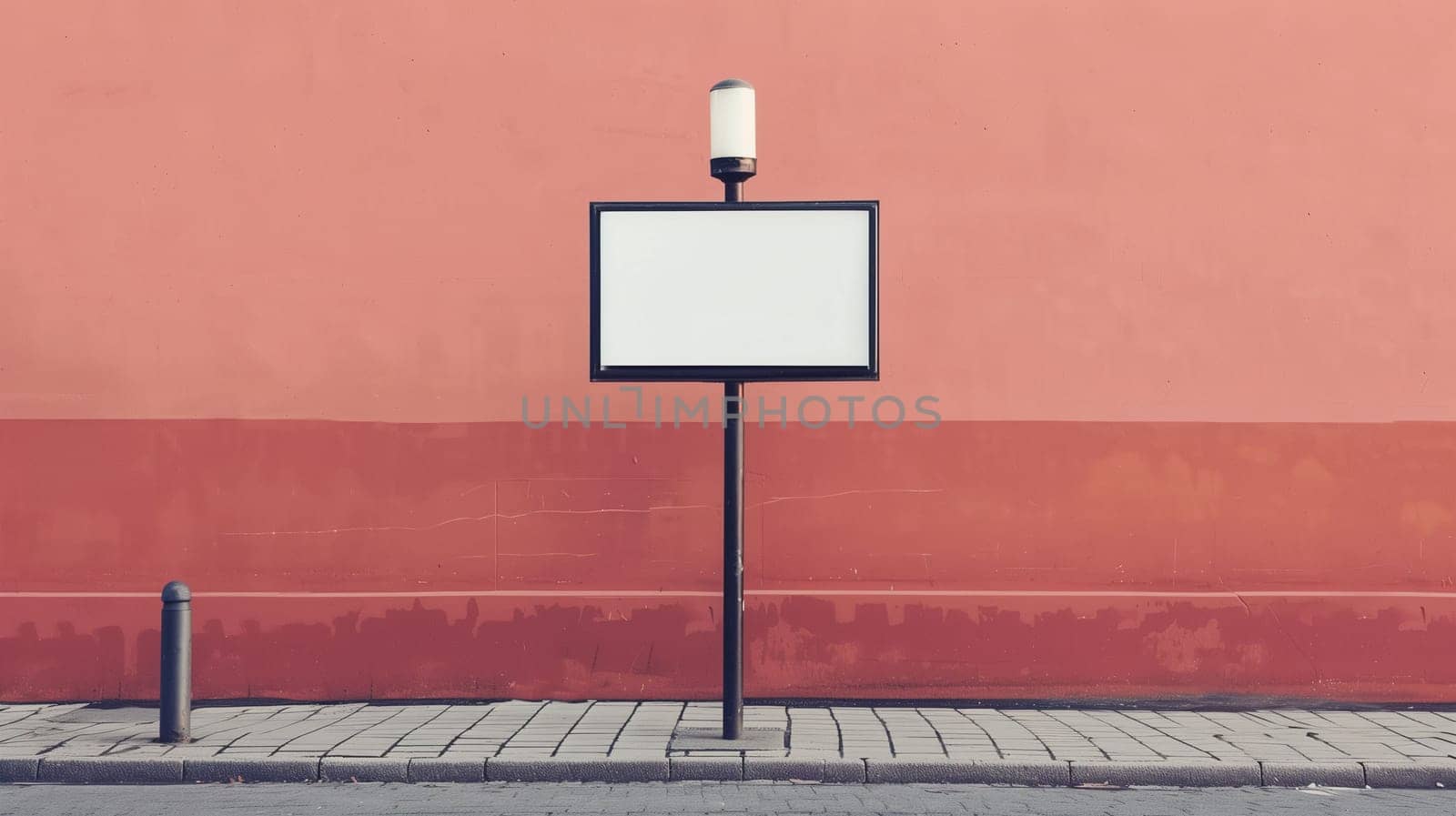 A solitary street sign post stands empty beside a cobblestone pathway, featuring a stark white board. The vibrant wall behind it creates a bold contrast.