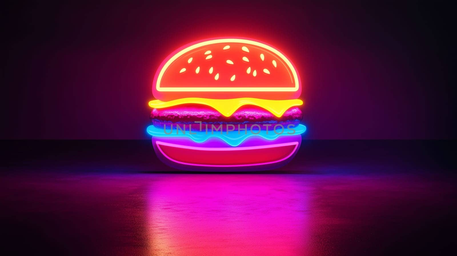 A glowing neon burger sign featuring bright colors and details reflects on a smooth, dark surface.