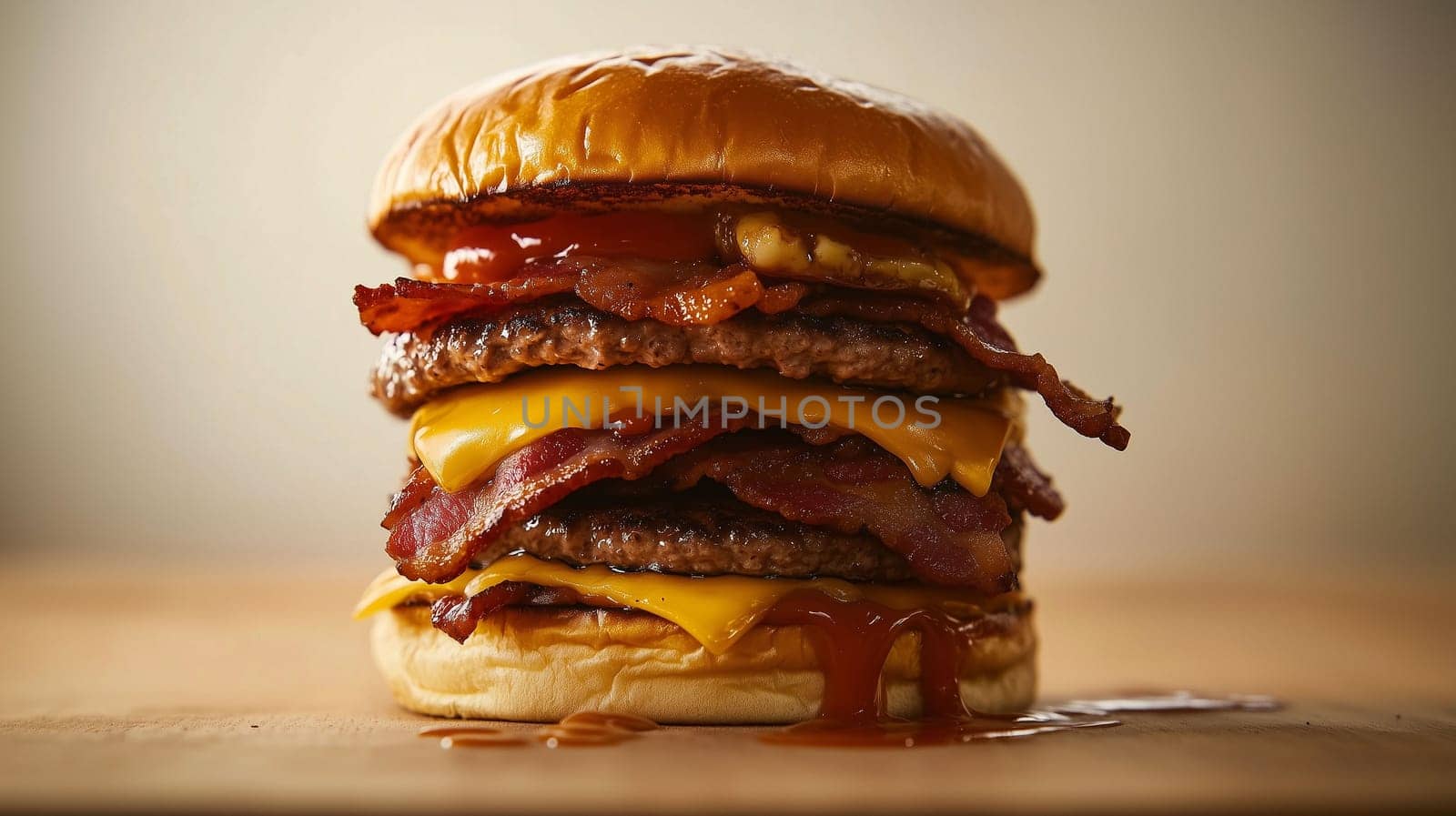A deliciously stacked bacon cheeseburger features two beef patties, melted cheese, and crispy bacon, glistening with barbecue sauce.