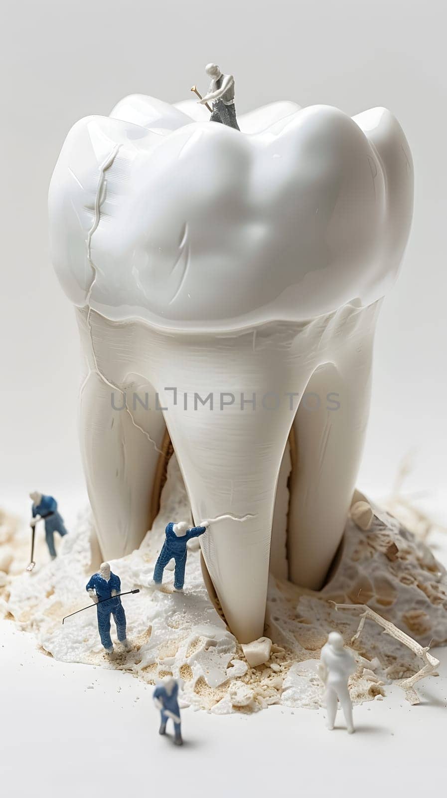 Miniature workers fixing and cleaning a large tooth, conceptual dental care