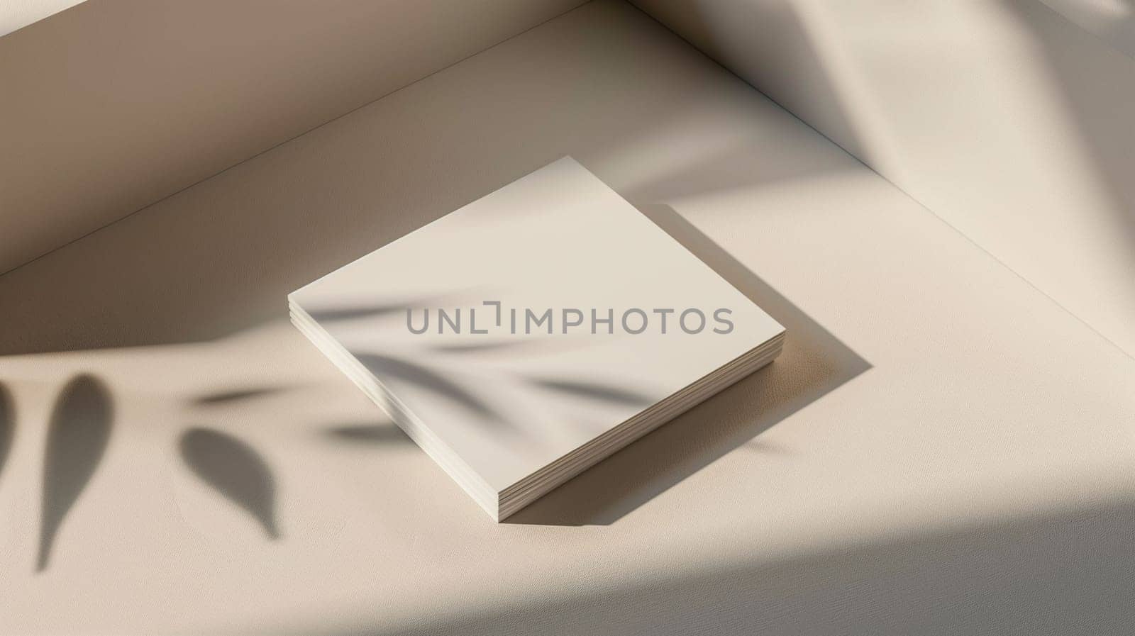 A stack of blank notepads rests on a light-colored surface, illuminated by soft sunlight streaming through a nearby window. Delicate shadows from nearby foliage dance across the surface, enhancing the tranquility of the minimalist setting.