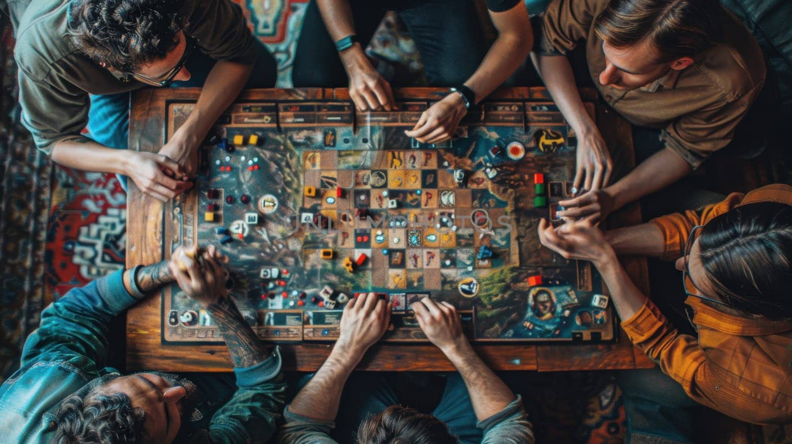 A group of people are playing a board game at home. Friends play a board game together while sitting at home.