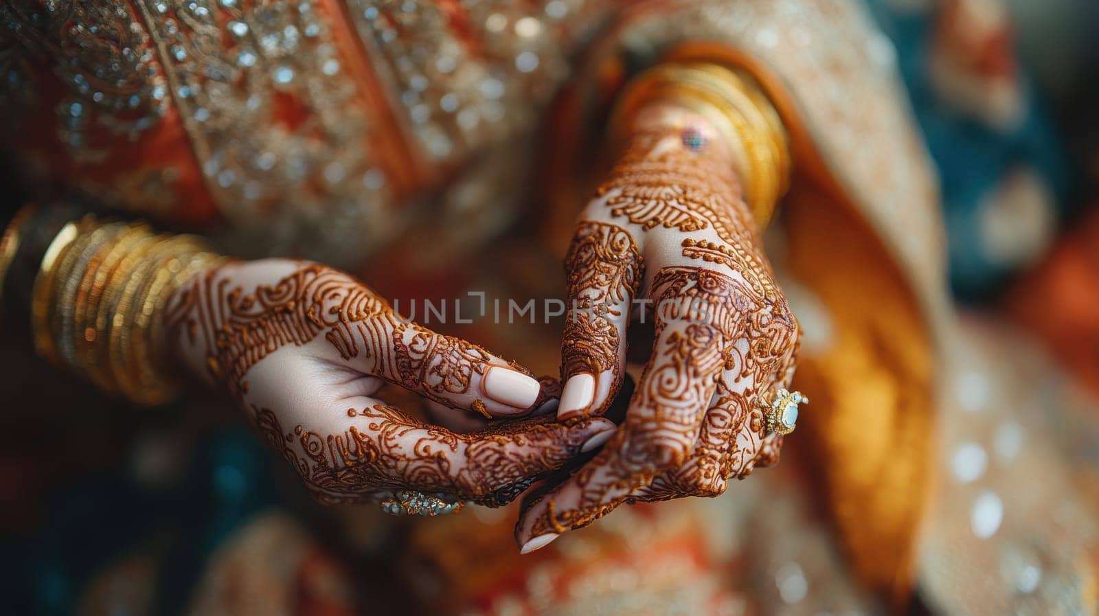 Bride's Hands with Henna Tattoo and Gold Jewelry, Traditional Wedding Ceremony