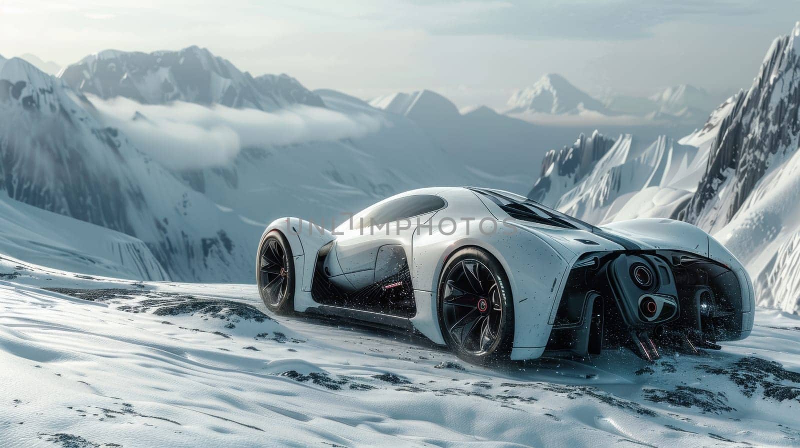 Futuristic modern luxury sports car with custom tuning in the snowy mountains.