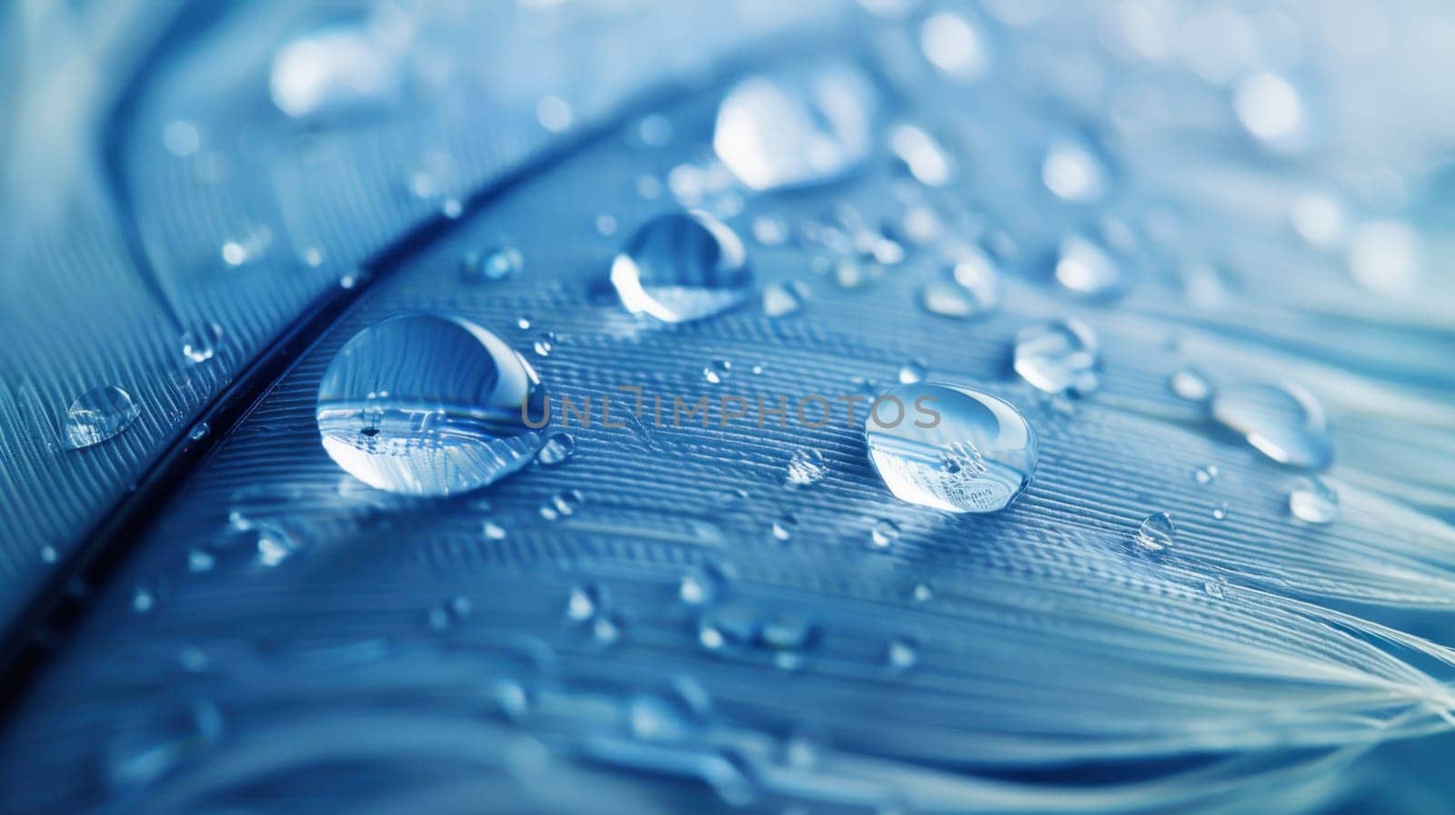 Drops of water on blue feathers. Transparent drops of rainwater on blue feathers.