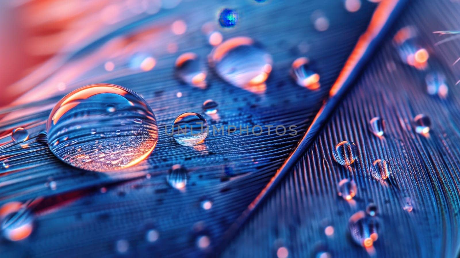 Drops of water on blue feathers. Transparent drops of rainwater on blue feathers.