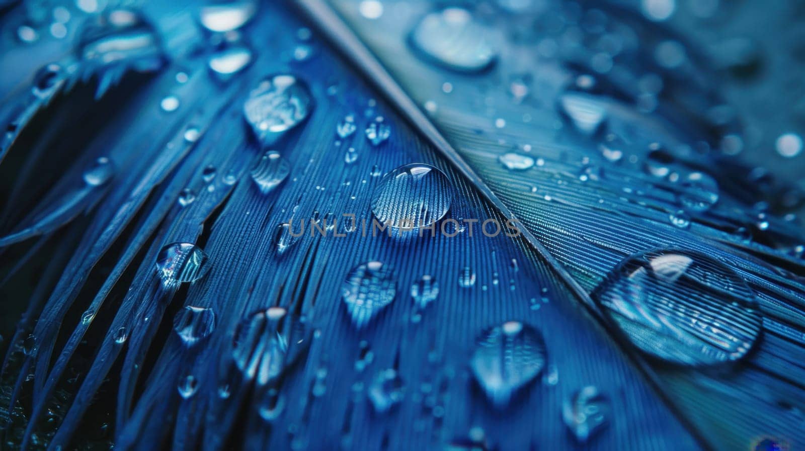 Drops of water on blue feathers. Transparent drops of rainwater on blue feathers.