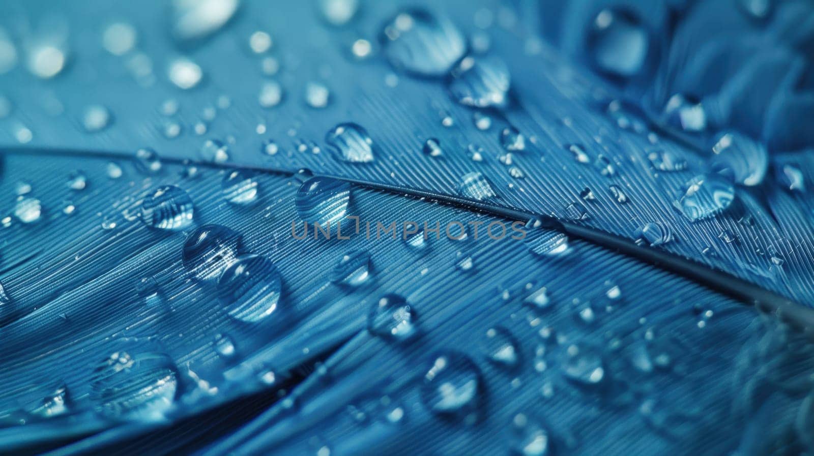 Drops of water on blue feathers. Transparent drops of rainwater on blue feathers.