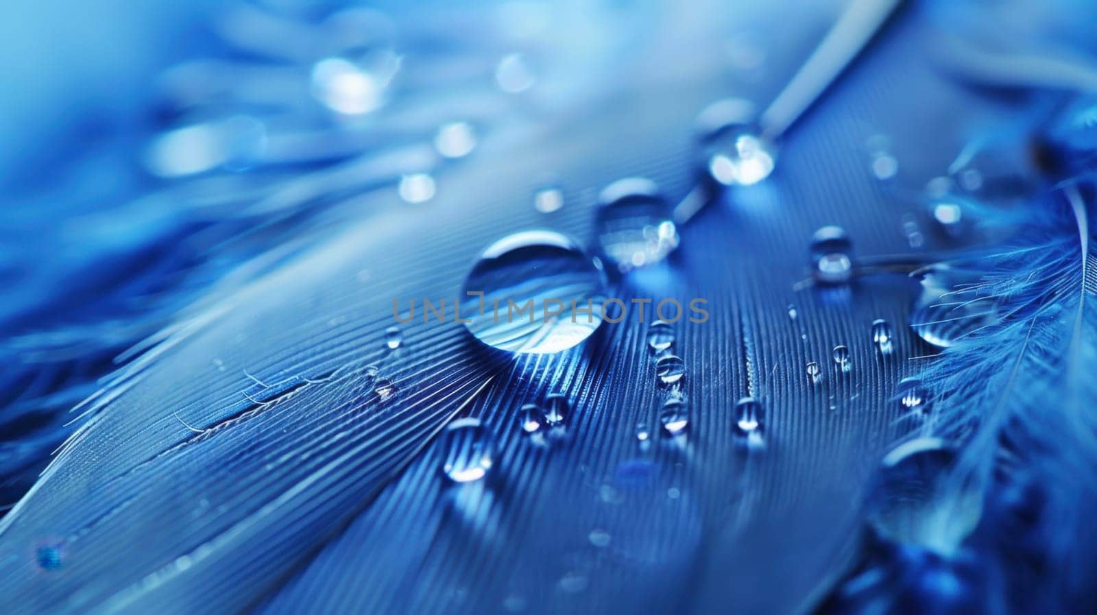 Drops of water on blue feathers. Transparent drops of rainwater on blue feathers.