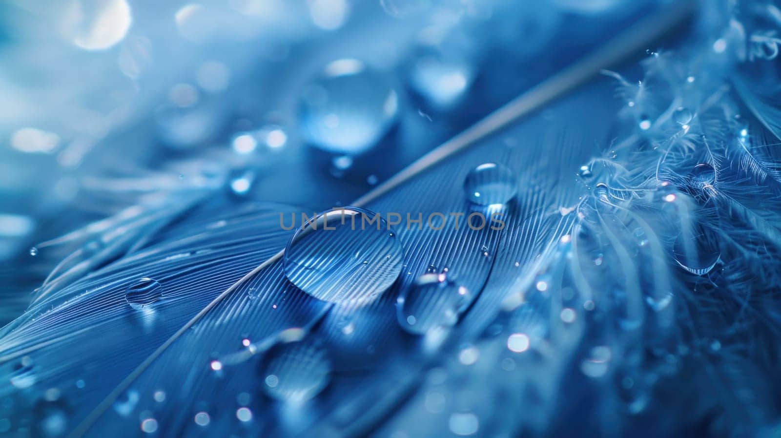 Drops of water on blue feathers. Transparent drops of rainwater on blue feathers.