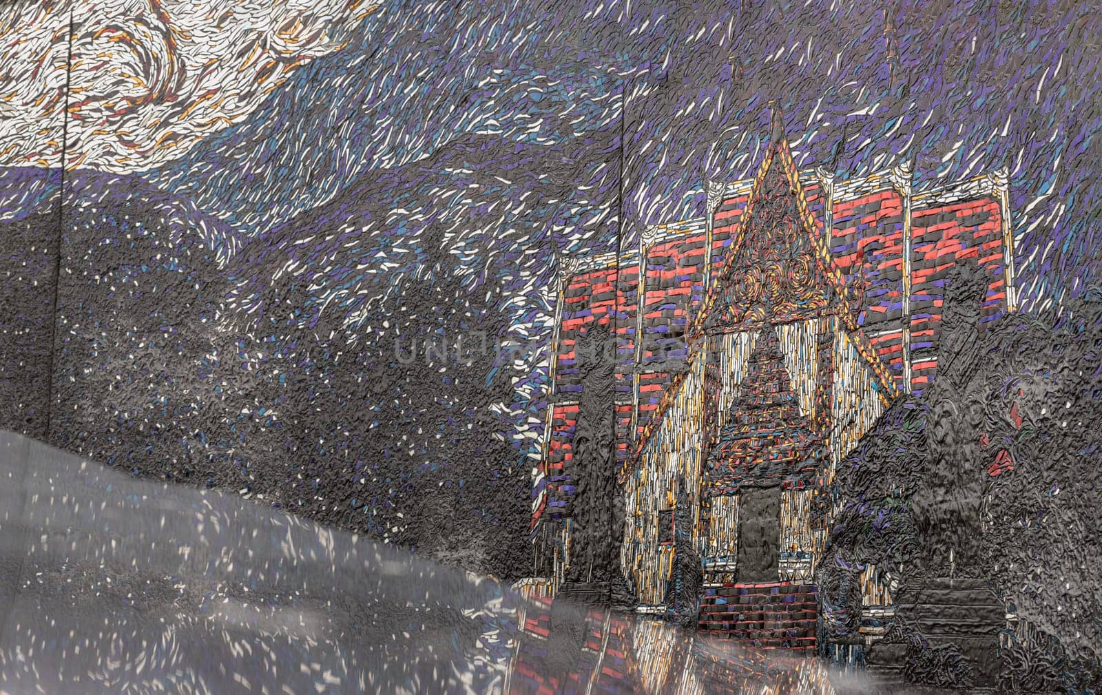 The walls are decorated with colorful Stained glass scraps mosaic in the shape of thai temple with reflections. Scraps glass texture background, Creativity, art and design, Space for text, Selective focus.