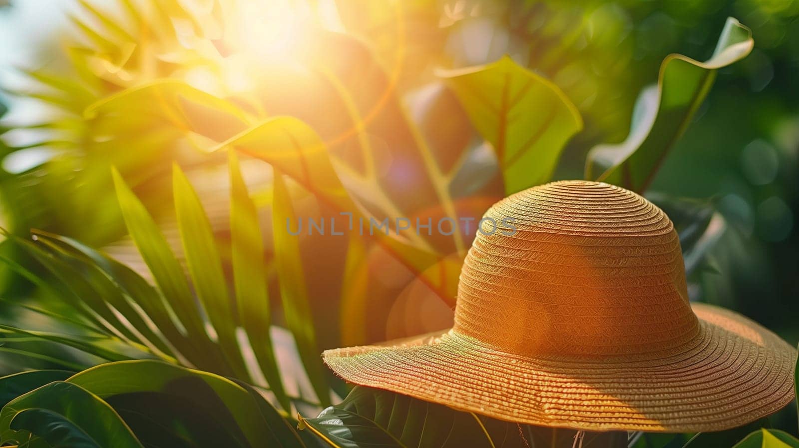 A beautifully woven straw hat is positioned gently among vibrant green foliage, basking in the warm afternoon sunlight. The light filters through the leaves, creating an inviting and serene atmosphere.