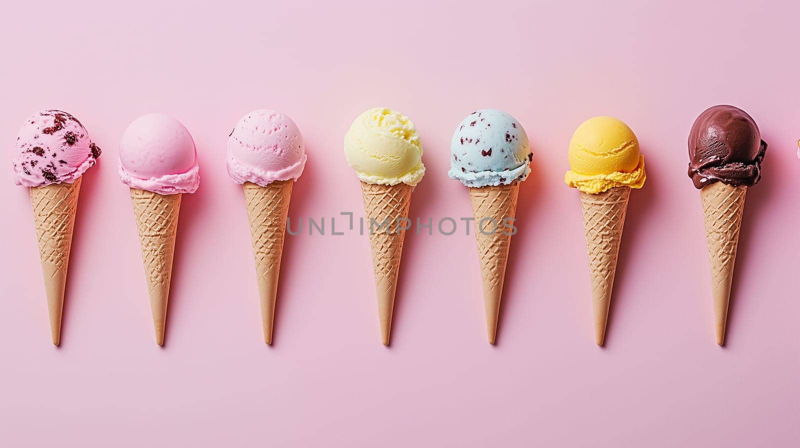 Seven ice cream cones featuring various flavors set against a smooth pink backdrop.
