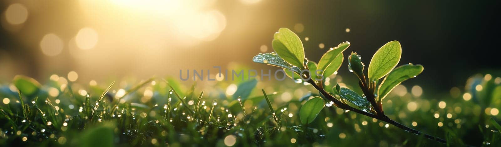 A beautiful yellow flower stands tall in a field, illuminated by the soft glow of early morning light. Dewdrops cover the surrounding grass and plants, creating a fresh and serene atmosphere