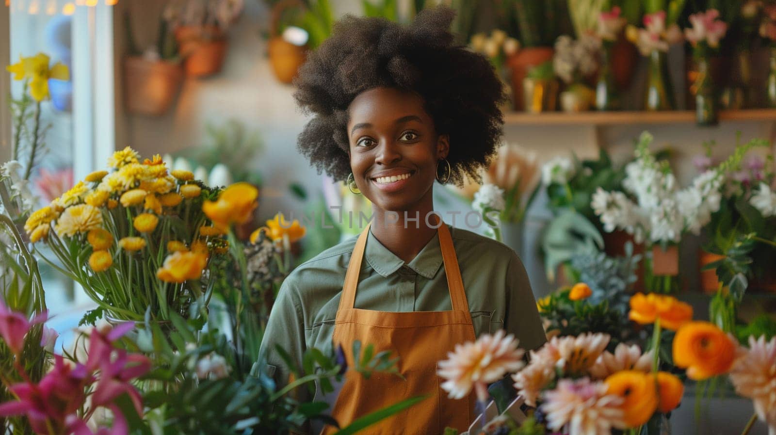 A florist joyfully arranges exquisite flower bouquets among an array of blooms in a busy flower shop. The atmosphere is filled with bright colors and enchanting scents, highlighting the creativity and passion behind floral arrangements.