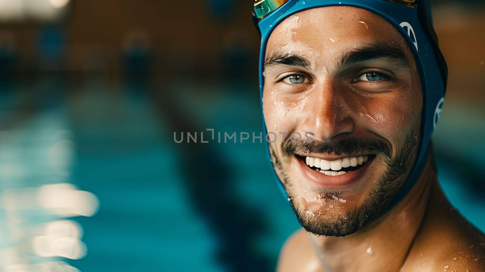 A male swimmer wearing a swim cap and goggles smiles broadly, showcasing a sense of achievement. Water droplets glisten on his skin as he stands by the pool edge, demonstrating a relaxed but focused demeanor amidst his training environment.