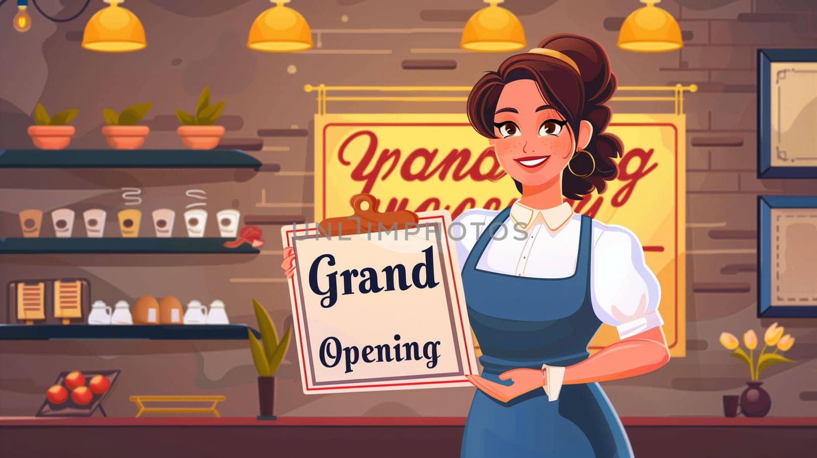 A small business owner proudly displays a Grand Opening sign in a charming cafe filled with plants and coffee displays, inviting customers to join in the celebration of her new venture.