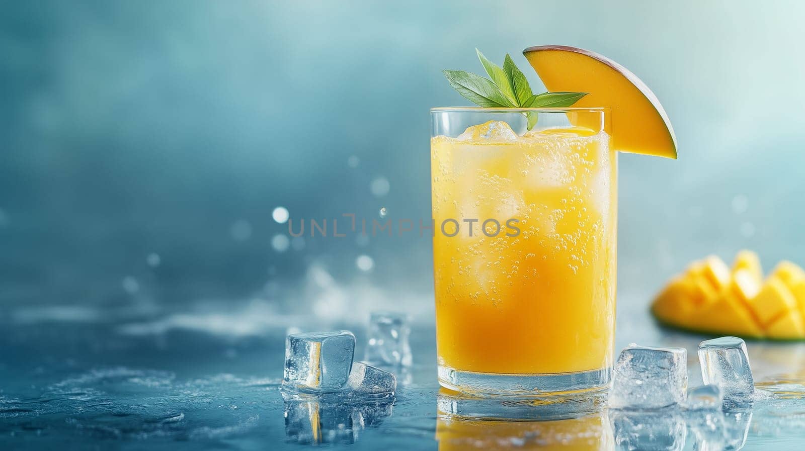 A vibrant mango cocktail is presented in a clear glass filled with ice, garnished with a fresh mango slice and mint, set against a cool blue backdrop that enhances its brightness.