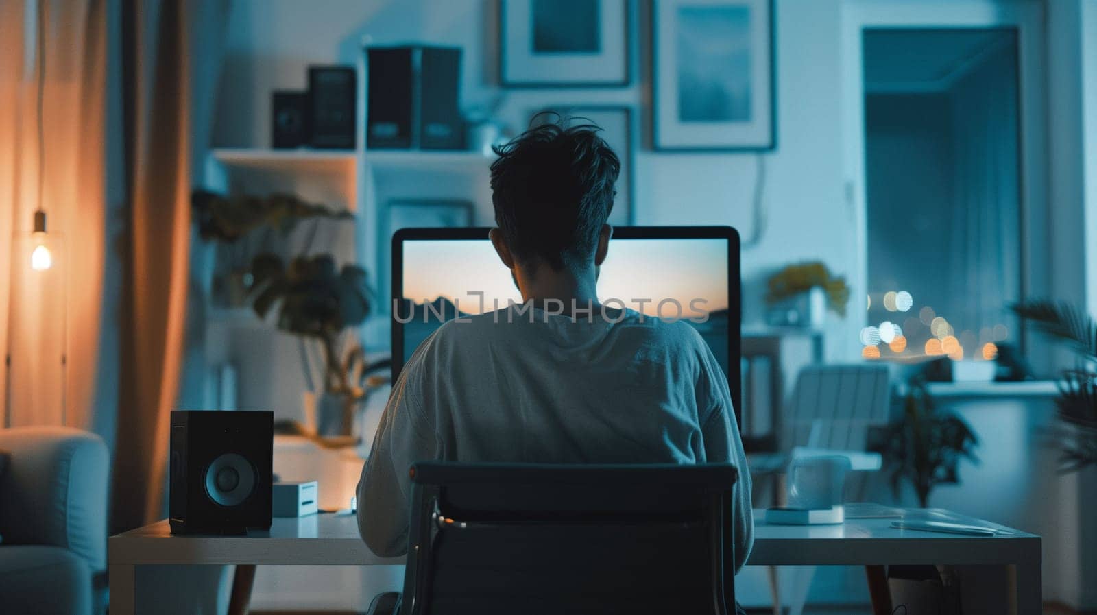 A person wearing casual attire sits at a desk, focused on a computer screen during a virtual meeting in a dimly lit home environment.