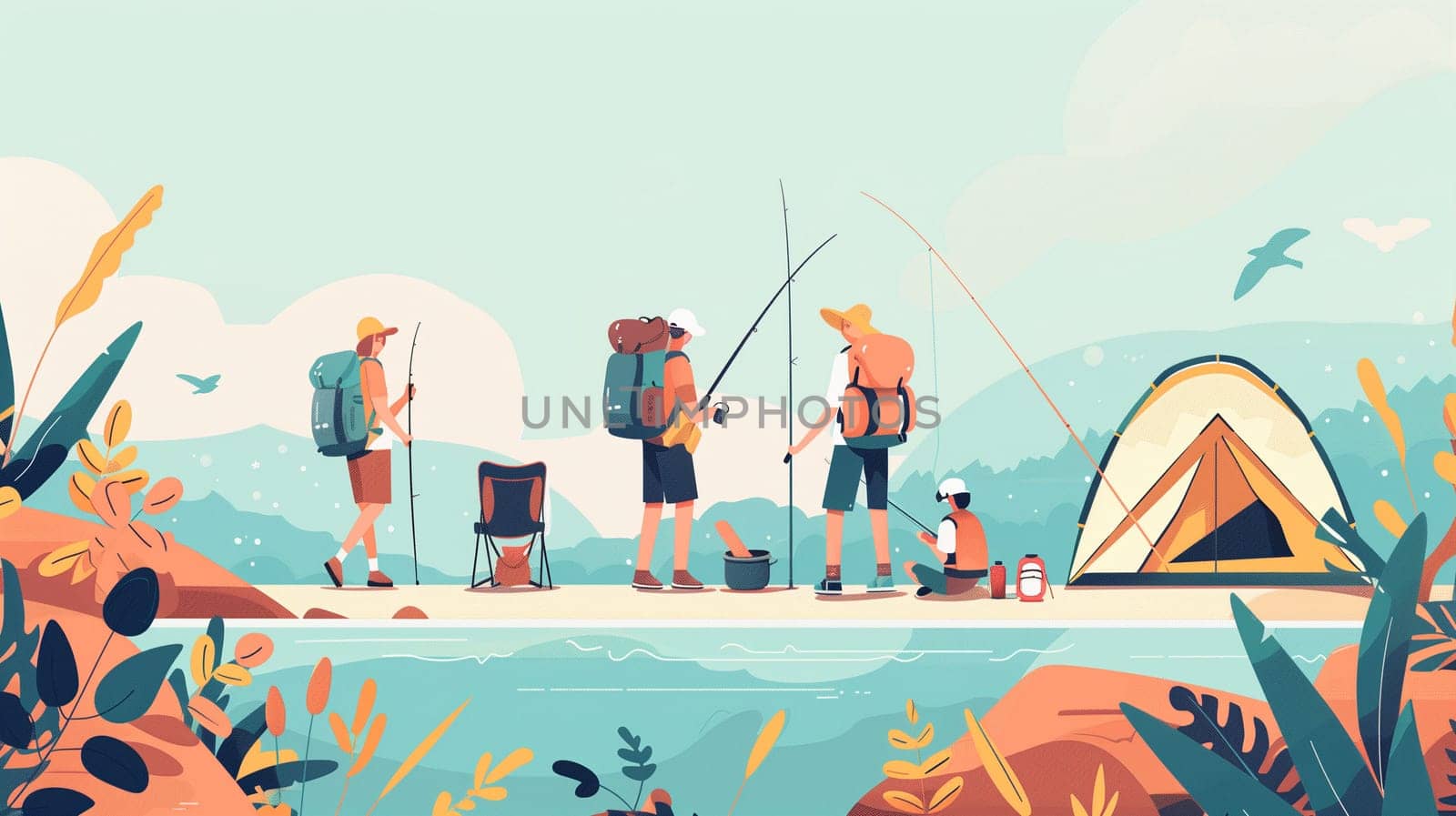 A group of friends enjoys a day of fishing by a serene lake surrounded by lush greenery. The bright sky complements their cheerful atmosphere as they cast their lines, sharing laughter and relaxation while camping nearby.