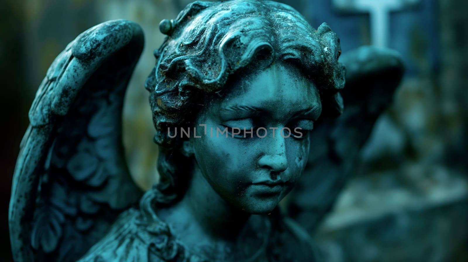 An angel statue with blue patina gazes downward, surrounded by faded gravestones in a tranquil cemetery, reflecting themes of remembrance and peace - Generative AI