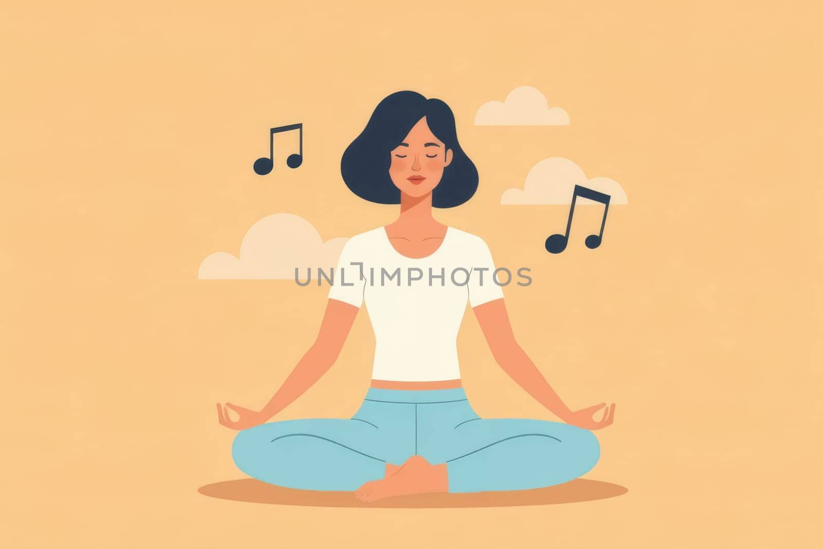 Girl sits in yoga pose and meditates to music