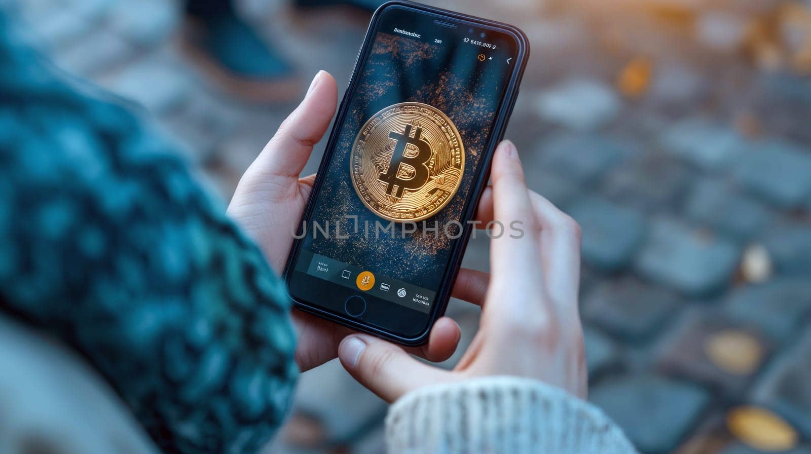 A person uses a smartphone to show a Bitcoin image while standing on a cobblestone street as the sun sets, creating a warm atmosphere - Generative AI