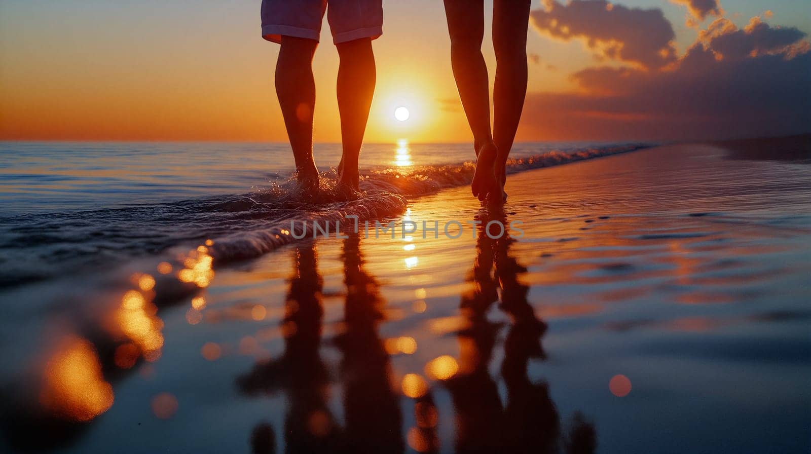 A couple strolls barefoot along a quiet beach as the sun sets on the horizon, casting a warm glow over the water and creating a serene atmosphere - Generative AI