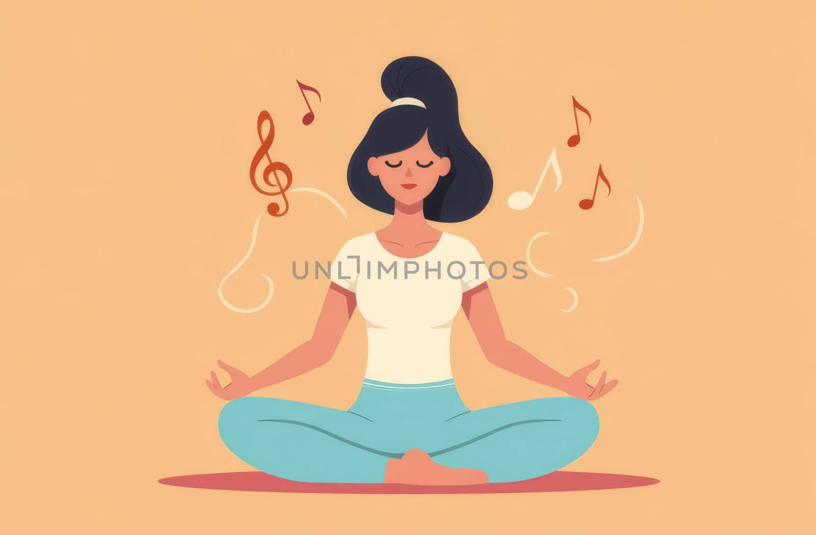 Girl sits in yoga pose and meditates to music
