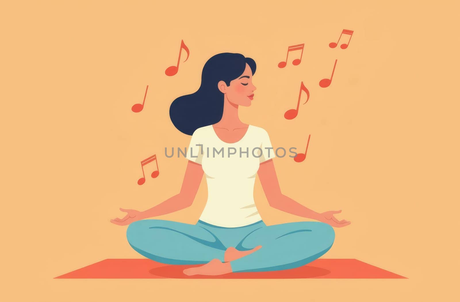 Girl sits in yoga pose and meditates to music