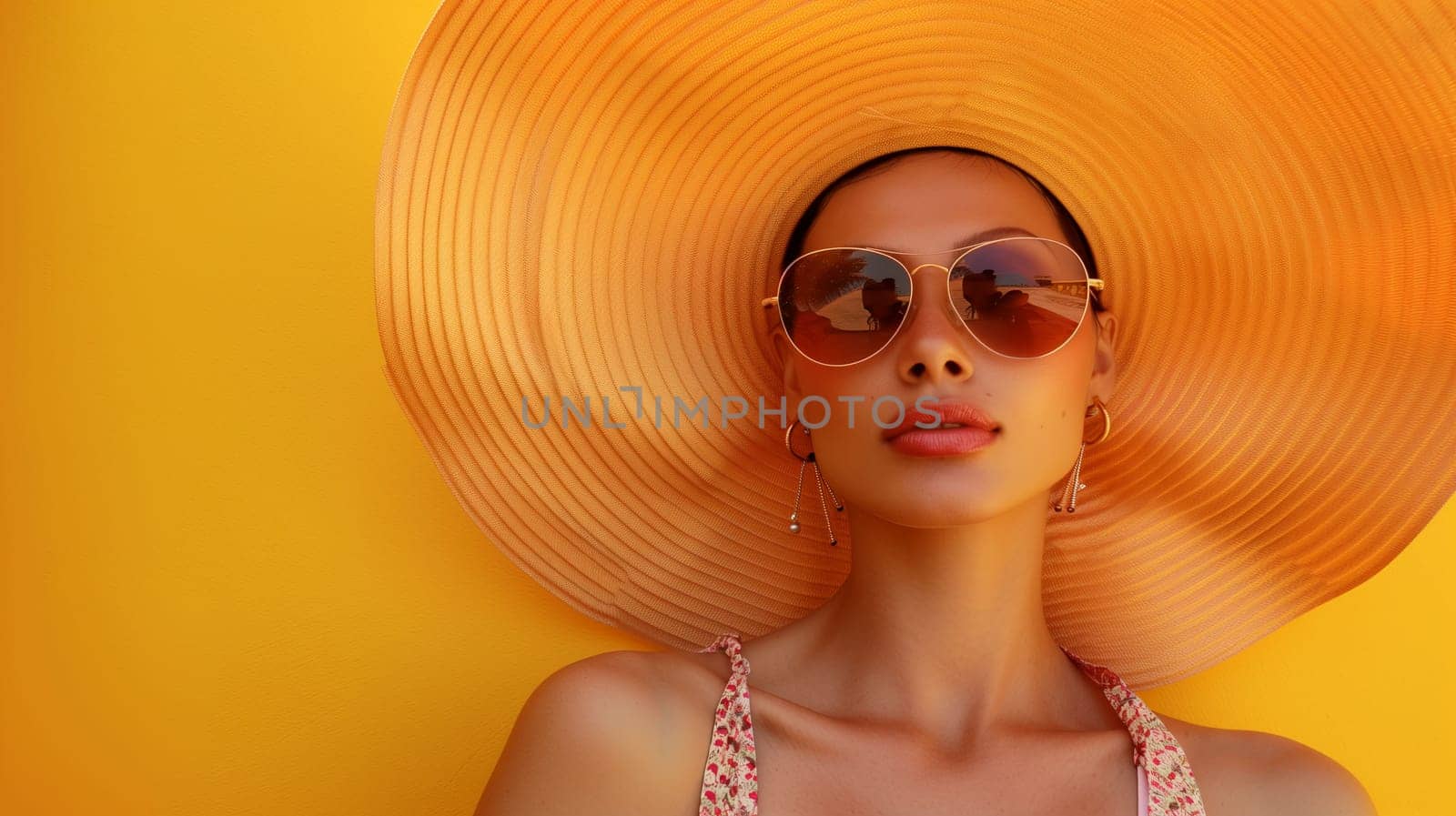 A fashionable woman poses confidently in a vibrant setting, donning a wide-brimmed sun hat and chic sunglasses. The bright yellow backdrop enhances her relaxed yet stylish look, showcasing her summer attire and radiant smile.
