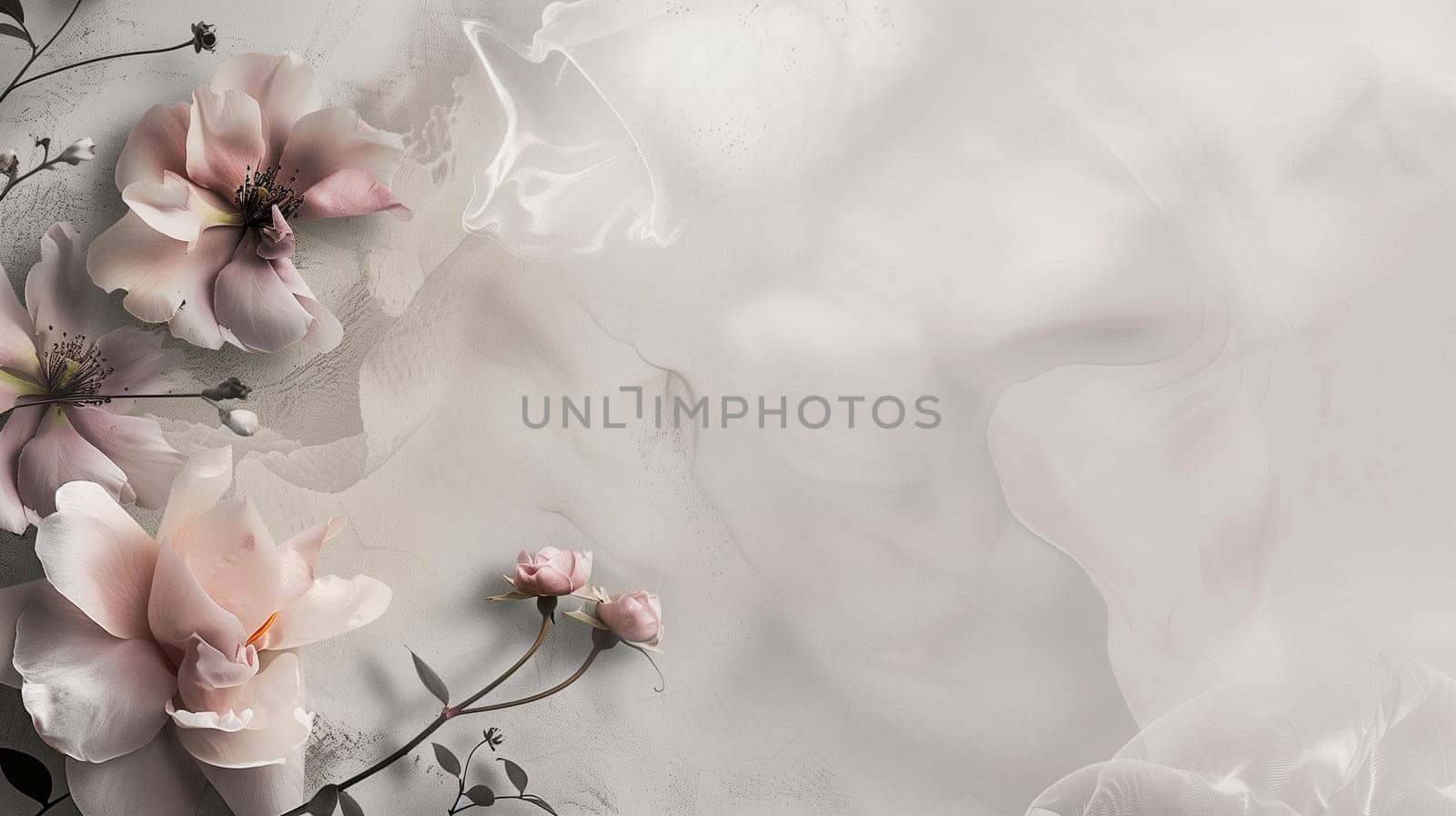 Delicate flowers in soft hues of pink and white are beautifully arranged against a gentle white backdrop. The floral display creates an atmosphere of tranquility and grace, inviting viewers to appreciate nature's artistry.