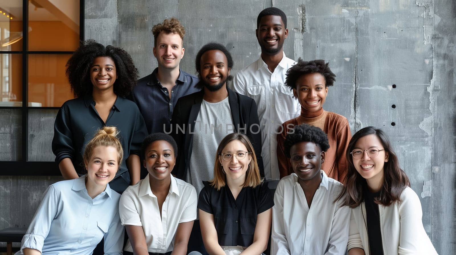 A diverse group of smiling business professionals gathers in a modern meeting room, engaging in collaboration. The atmosphere reflects positivity and teamwork as they share ideas and insights.