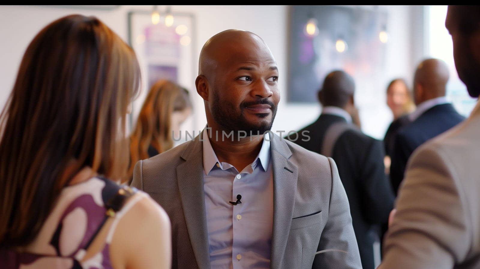 A group of diverse business professionals network and engage with one another at a contemporary venue, fostering connections and building relationships during the event.