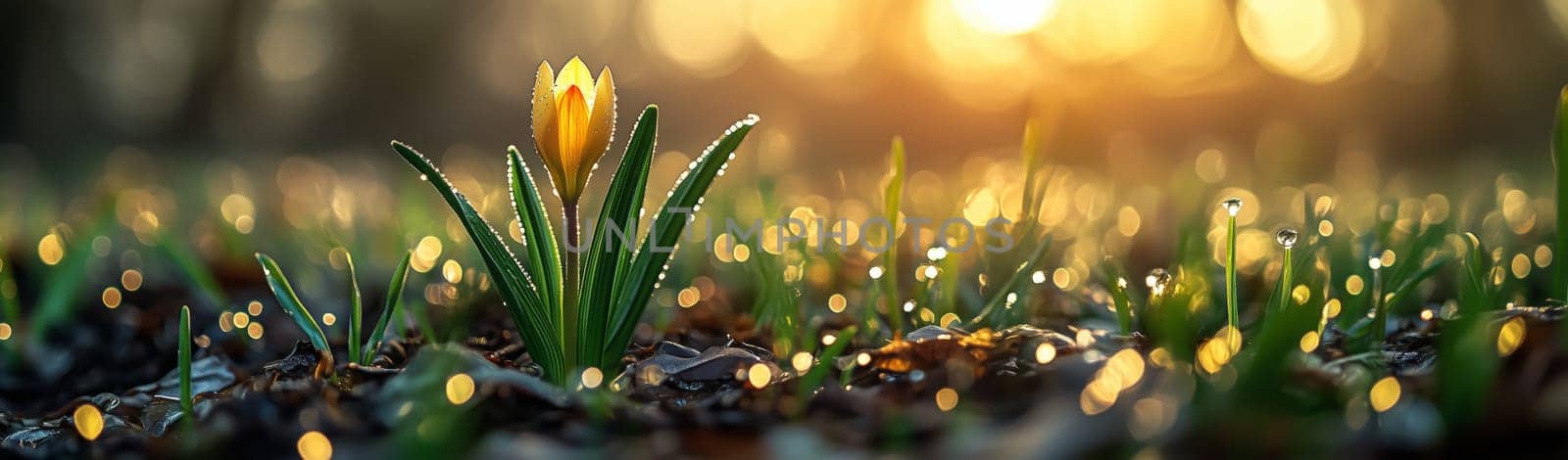 A beautiful yellow flower stands tall in a field, illuminated by the soft glow of early morning light. Dewdrops cover the surrounding grass and plants, creating a fresh and serene atmosphere