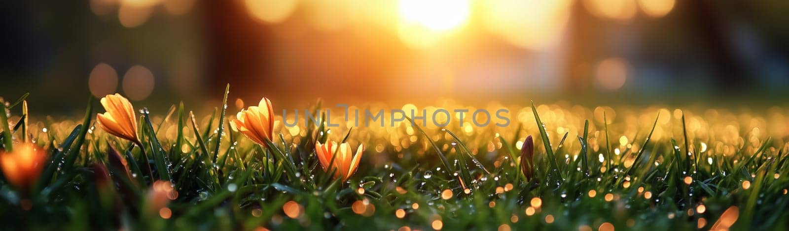 A beautiful yellow flower stands tall in a field, illuminated by the soft glow of early morning light. Dewdrops cover the surrounding grass and plants, creating a fresh and serene atmosphere