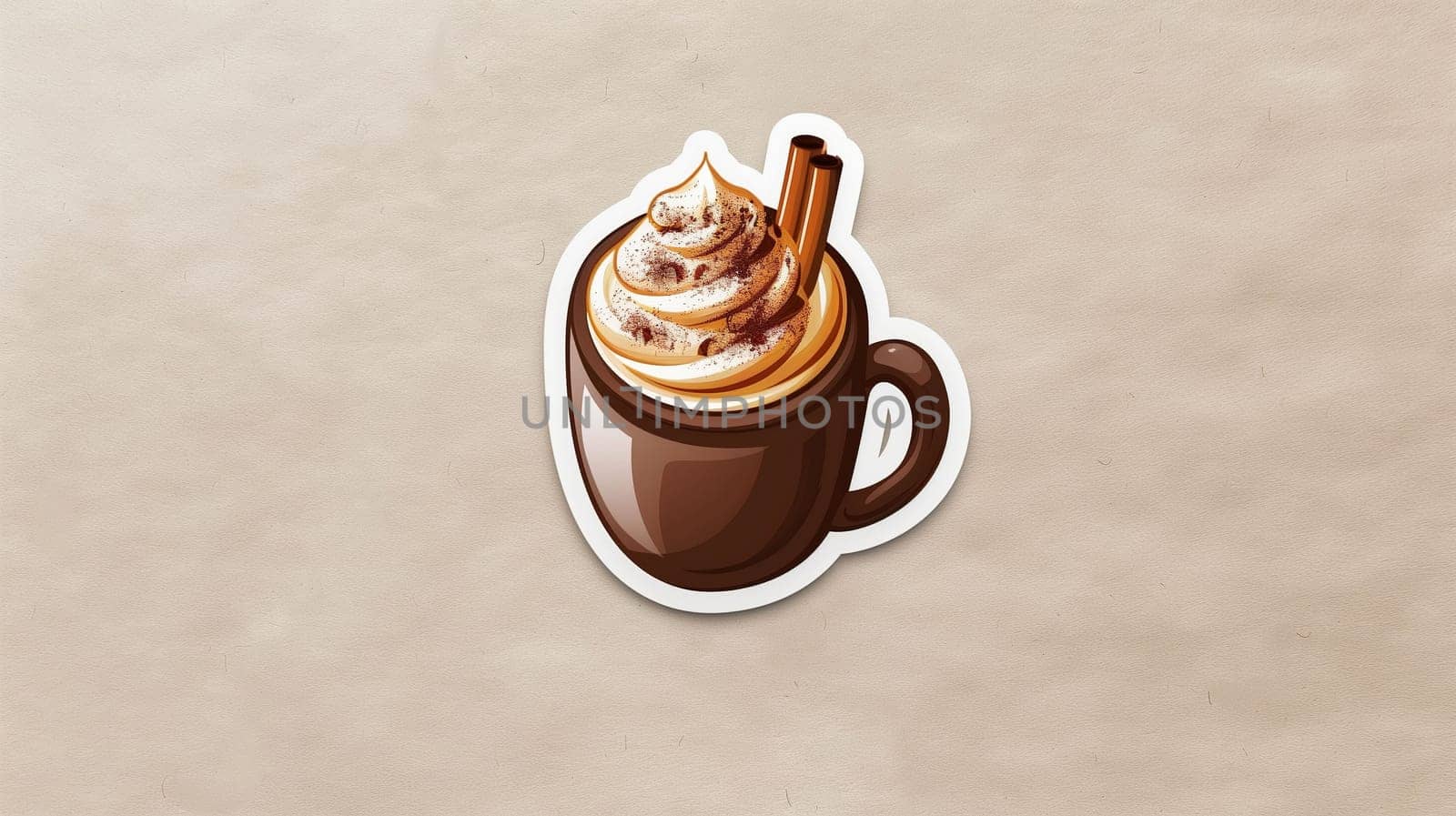 A steaming cup of coffee showcases rich whipped cream, elegantly swirled on top and adorned with a drizzle of chocolate. The warm tones of the mug complement the inviting texture of the beverage, making it a tempting treat.