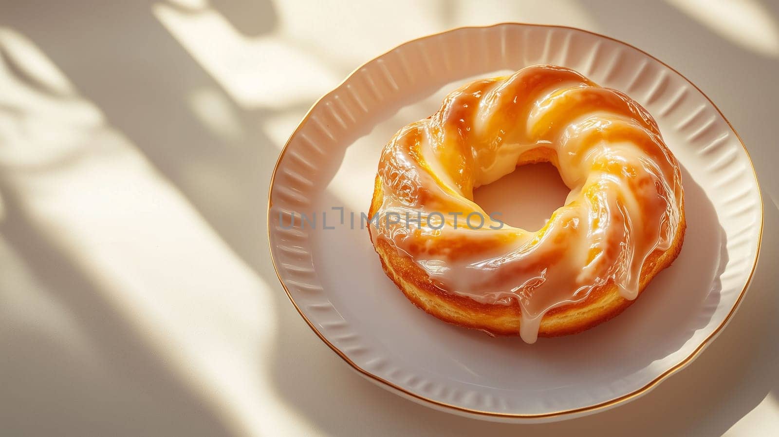 A freshly baked glazed pastry rests on an elegant plate, basking in warm sunlight. The soft shadows enhance the inviting look, making it perfect for a morning treat or dessert.